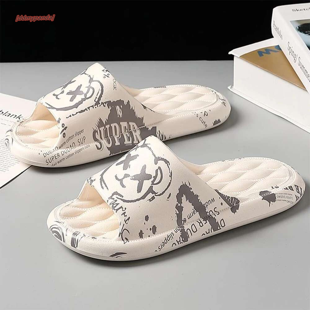 Summer Cartoon Print Women Slippers Thick Flat Outdoors Beach Slides For Men Bath Sandals Couple Ladies Shoes #ddmypanda