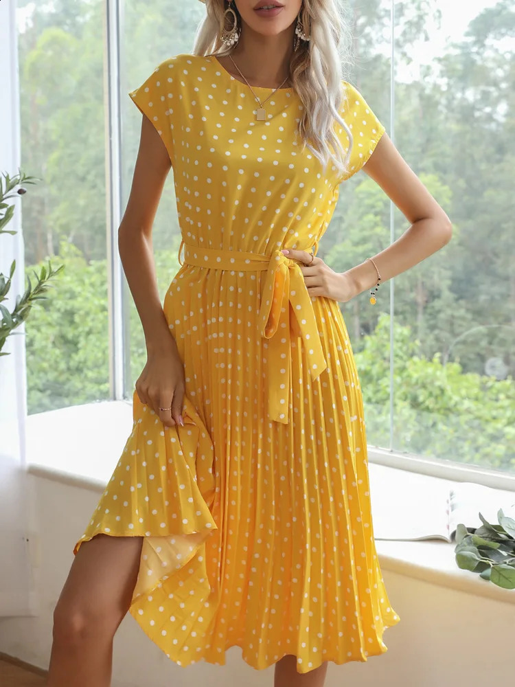 Benuynffy ONeck Polka Dot Summer Dresses Cap Sleeve Women Knee Length Shirred Elegant Office Lady Belted ALine Dress 250228