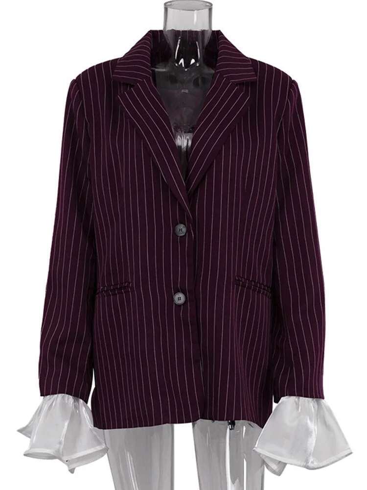 Ruffle Patchwork Striped Women's Blazer Fashion Loose Wine Red Long Sleeve Single Breasted Suit Jacket Elegant Streetwear