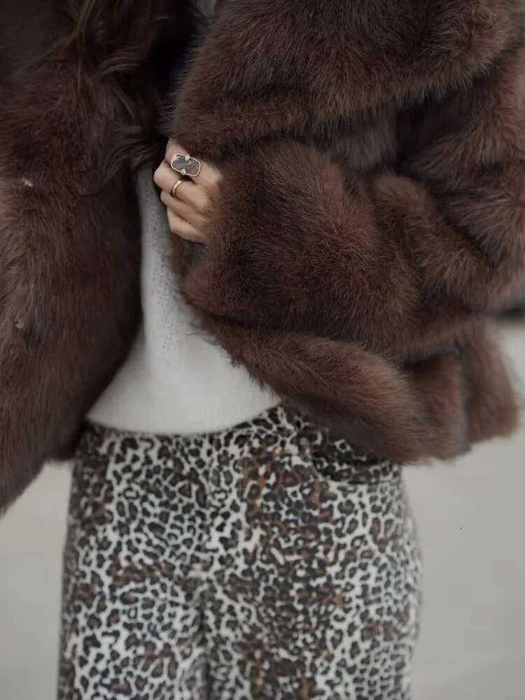 Vintage Brown Fluffy Faux Fur Jacket Women Elegant Soft Lapel Full Sleeves Short Coats Autumn Winter Lady Street Outwears