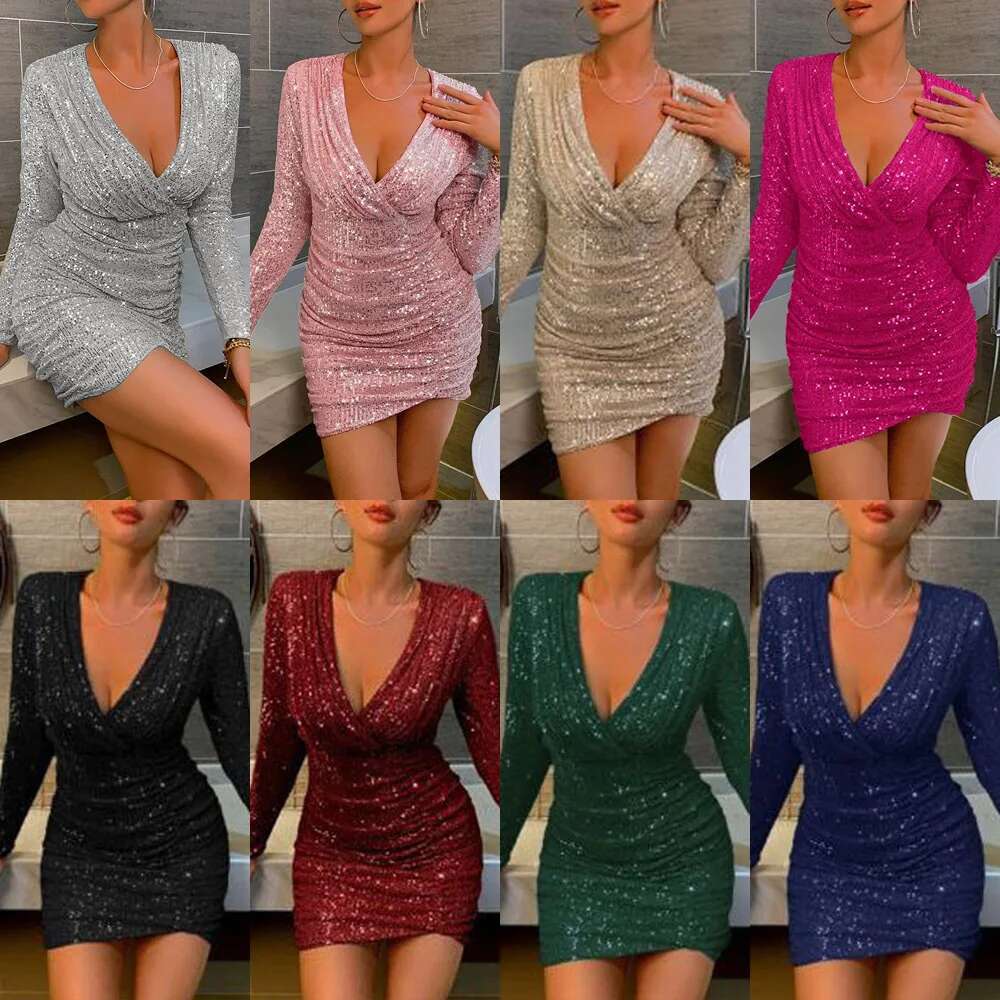 2025 Autumn/Winter New European And American Women's Clothing Sexy V-Neck Bag Hip Short Skirt Fashion Sequin Dress