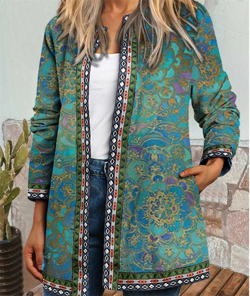 Retro ethnic style printed side pocket jacket for womens autumn Oneck long sleeved comfortable and casual cardigan 250228