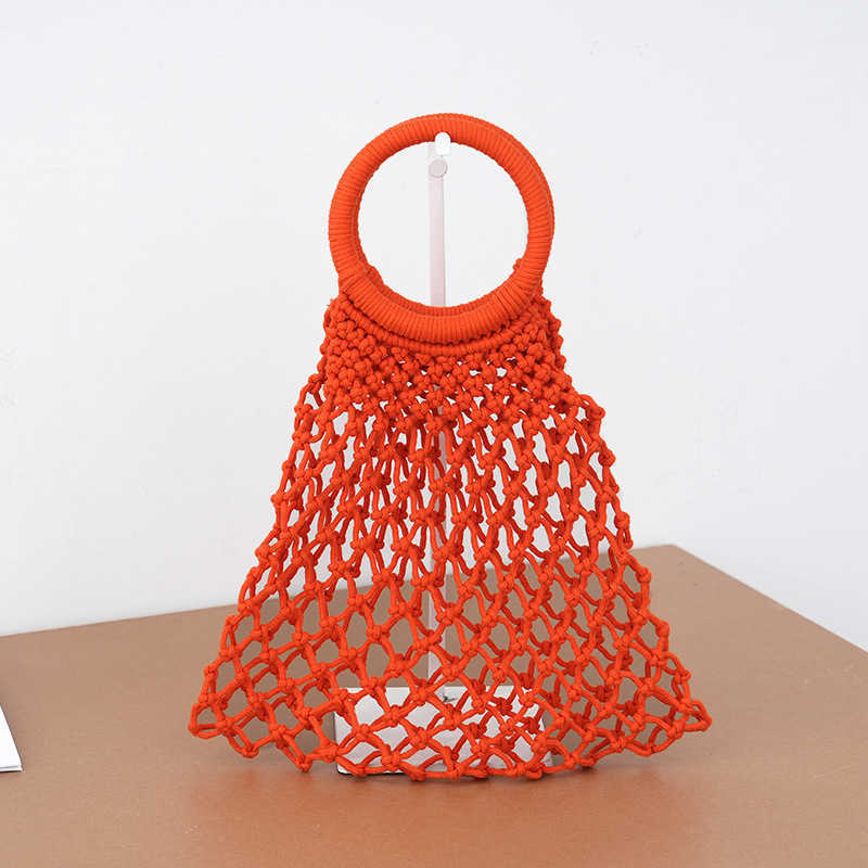 Korean version new solid color hand woven bag, fashionable women's high-end tote bag, handmade cotton rope mesh bag, beach bag for women