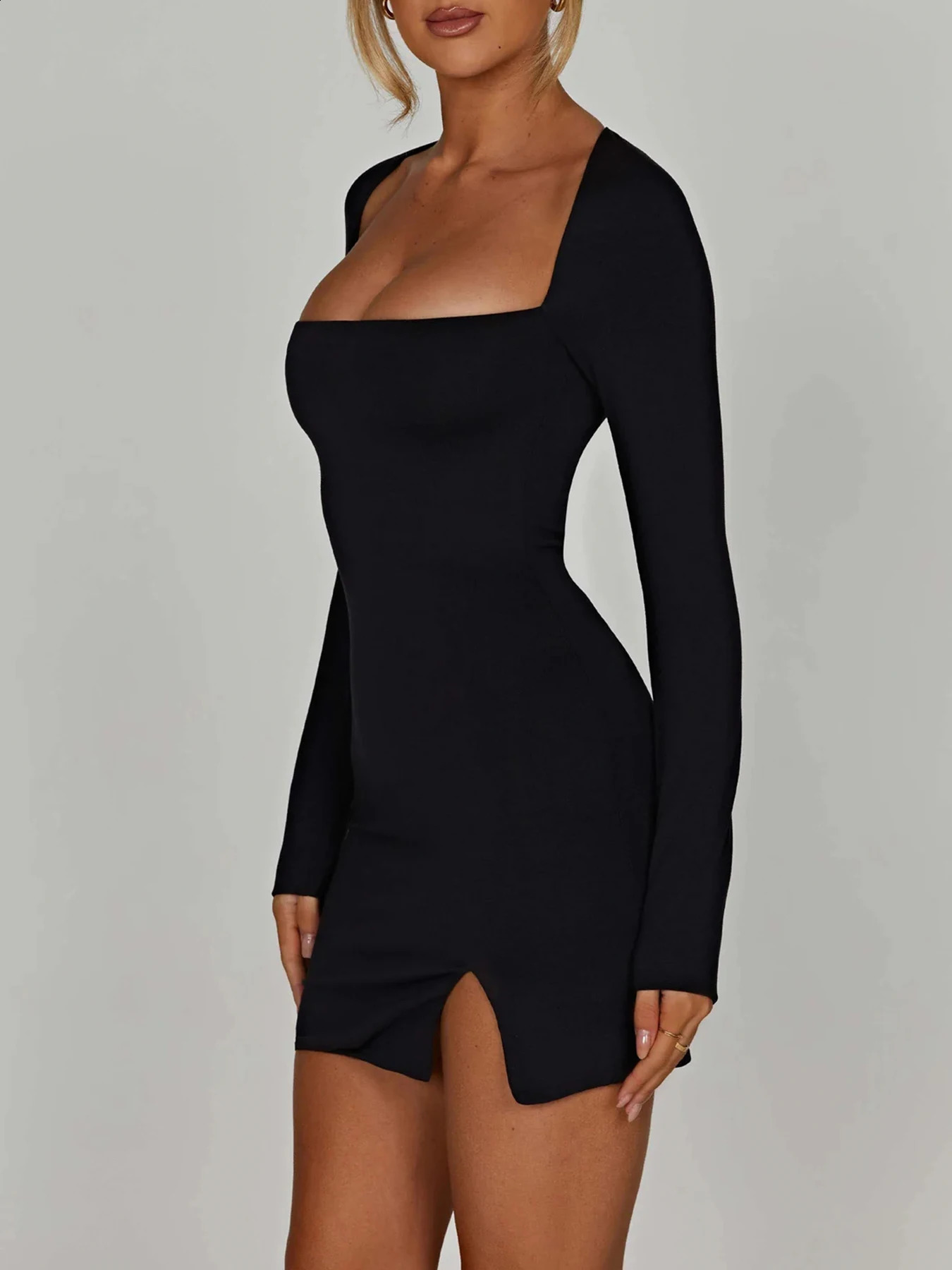 Backless lace slim fit sexy black short skirt for women square neckline solid splicing elegant basic long sleeved Baddie club uniform 250227