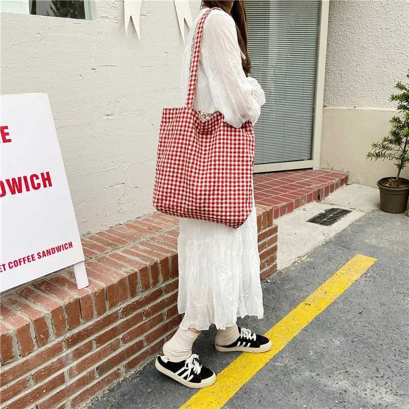 New Arrival Casual Plaid Flower Women Shopping Bag Large Capacity Ladies Daily Tote Handbags Cotton Cloth Double-sided Girls Shoulder Bags T250303