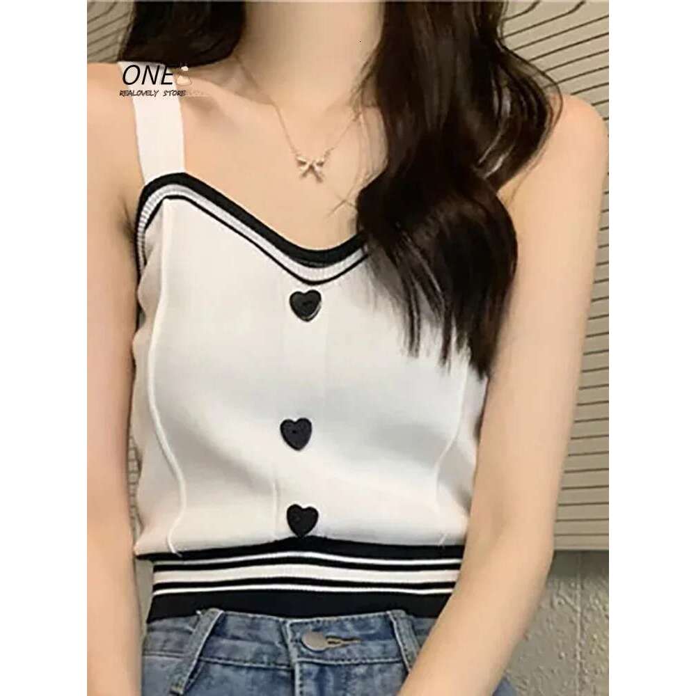 Cute With Y2K Buttons Knitted Crop Ladies Camis For Tops Knit Patchwork Top Women Summer