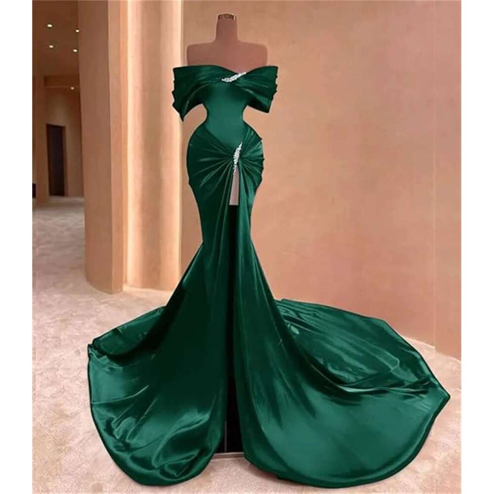 Customized Off Shoulder Satin Prom Dresses Side Slit Mermaid Beaded Long Formal Evening Gowns For Women With Train Pleated Dress