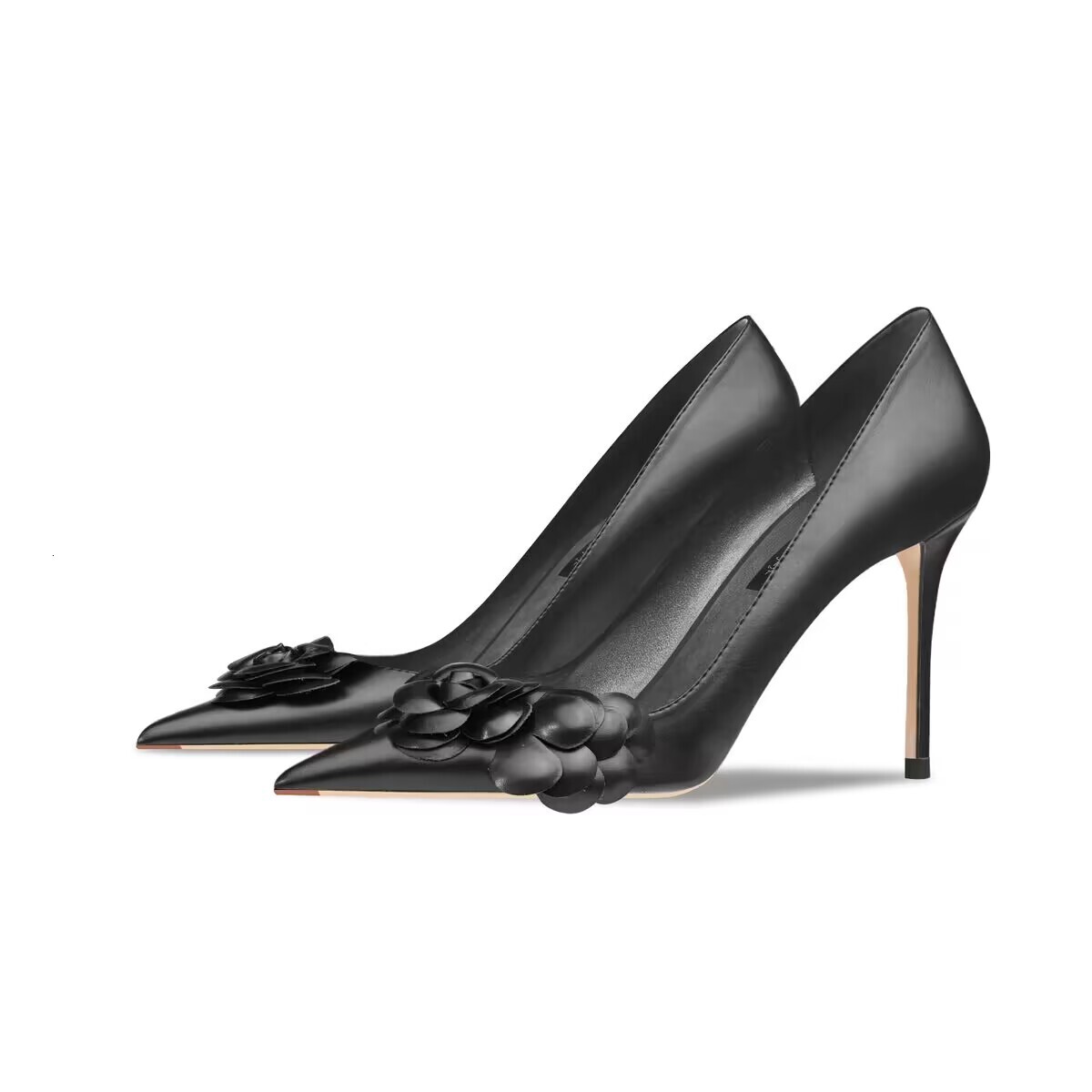 Black Camellia High Heels for Women 2024 New Style with Thin Heels, Pointed Points, Shallow Mouth, One Step Buckle Design, Comfortable Single Shoes