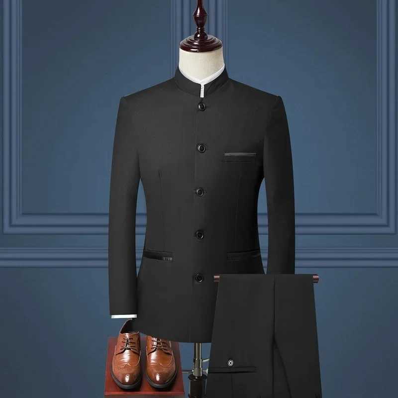 Mens Suits Set (Jacket+Pants) New Boutique Fashion Stand Collar Chinese Style Slim Fit Suits Two Piece Wedding Men Clothing M250303