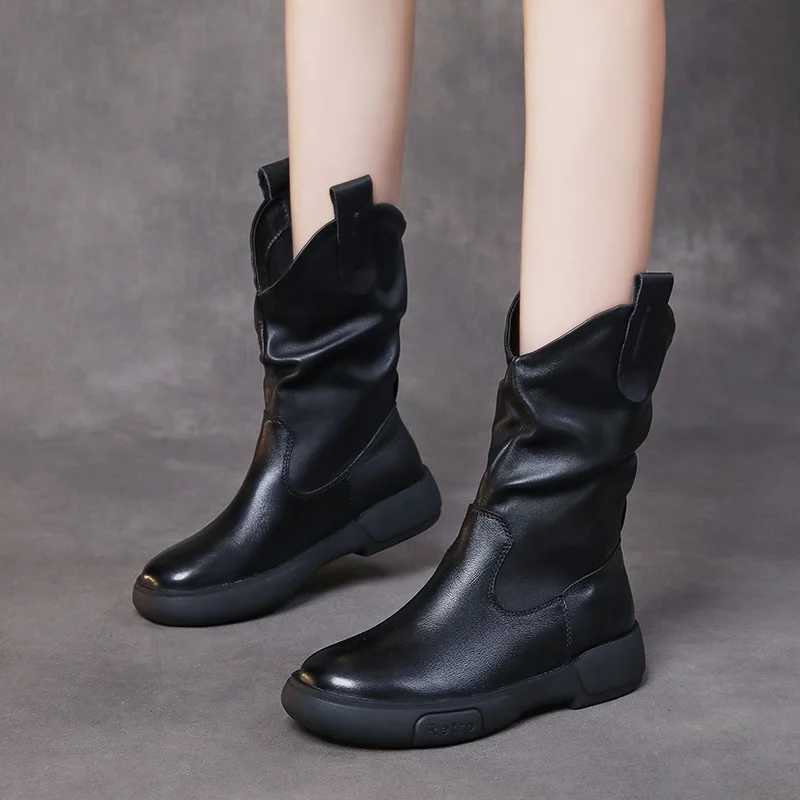 DRKANOL Luxury Genuine Leather Mid-Calf Boots Women Genuine Leather Waterproof Rubber Sole Non-Slip Street Style Slip-On boots Z250303
