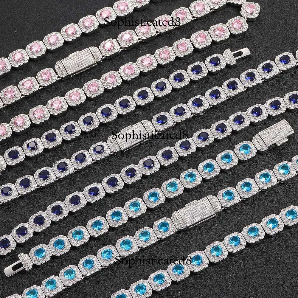 12mm Hip Hop Jewelry Pink/Treasure Blue/Sea Blue Girl Cluster Tennis Chain Cubic Zirconia Bg Dia CZ Necklace For Women