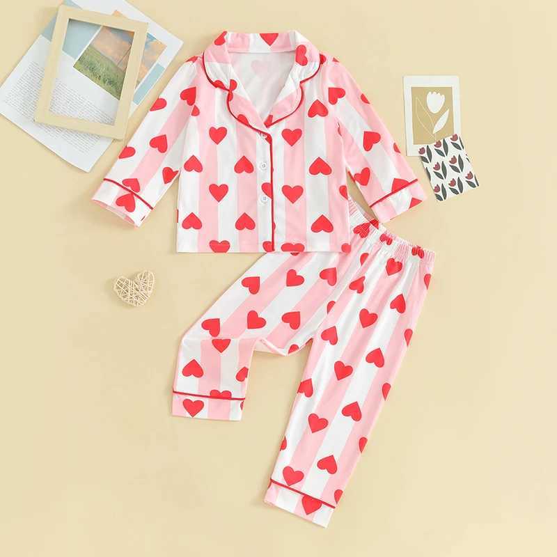 Kids Girls Valentine Pajamas Sets Striped Heart Print Button Long Sleeves Shirt and Elastic Pants Loungewear SleepwearT250303
