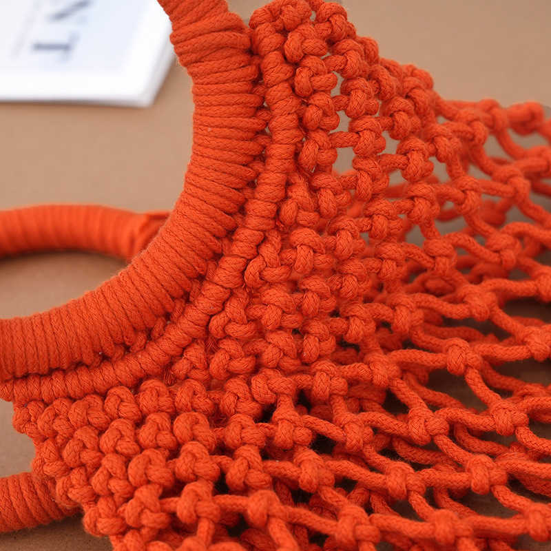 Korean version new solid color hand woven bag, fashionable women's high-end tote bag, handmade cotton rope mesh bag, beach bag for women