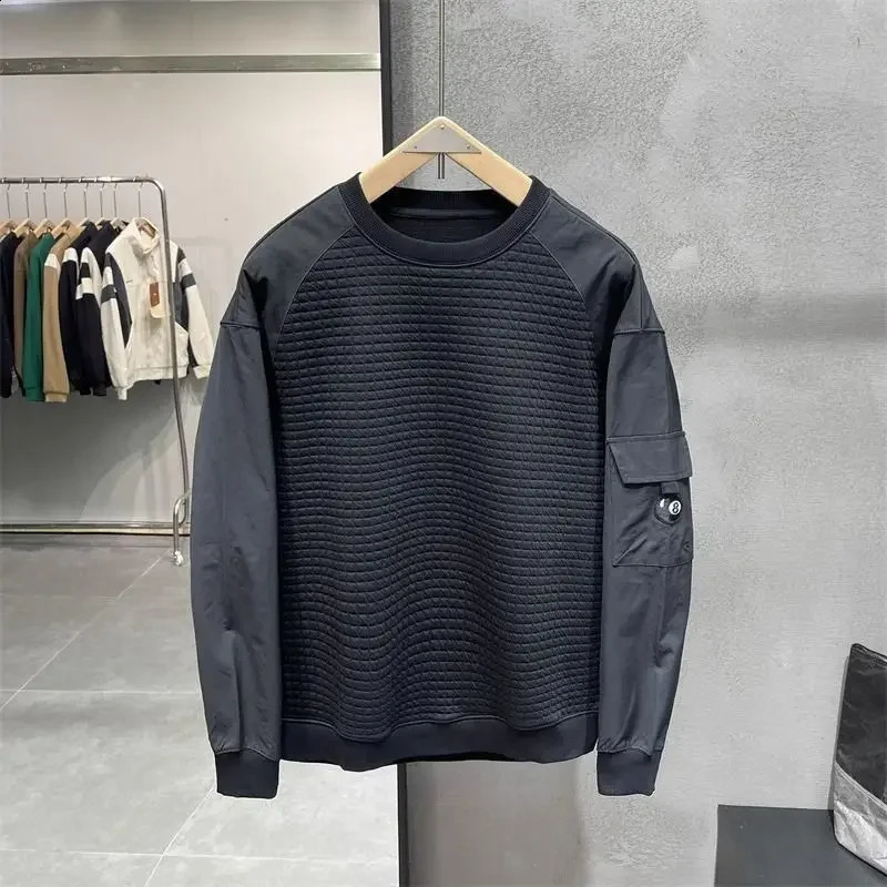 Retro Mens Casual Sweatshirts Loose Patchwork Waffle with Cargo Pocket Pullovers O-Neck Streetwear Black Long Sleeves Sweatshirt 250225