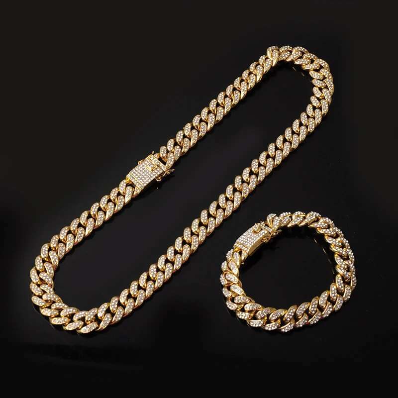 Iced Out Paved Rhies 1Set 13MM Sier Color Full Miami Curb Cuban Chain CZ Bg Rapper Necklaces For Men Hip Hop Jewelry