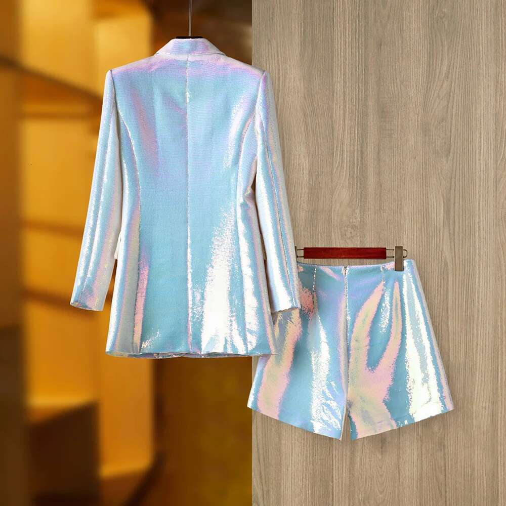 High Street Ladies Stunning Bg Sequined 2 Piece Shorts Set Singe Button Mid-Length Blazer Coat Slim Short Pants