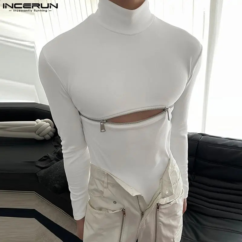 INCERUN Mens T Shirts Solid Color Turtleneck Long Sleeve Fitness Streetwear Shirts Hollow Out Zipper Casual Mens Clothing 250226