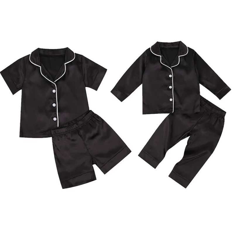Toddler Baby Black Satin Pajamas Infant Boy Short/Long Sleeve Short/Long Pants Sleepwear Casual Button Two-pieces Set HomewearT250303