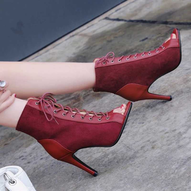 Black Summer High Heels Ankle Boots For Women 2025 Spring Peep Toe Lace Up Pumps Party Jazz Dance Shoes Suede Ladies Large Size Z250303