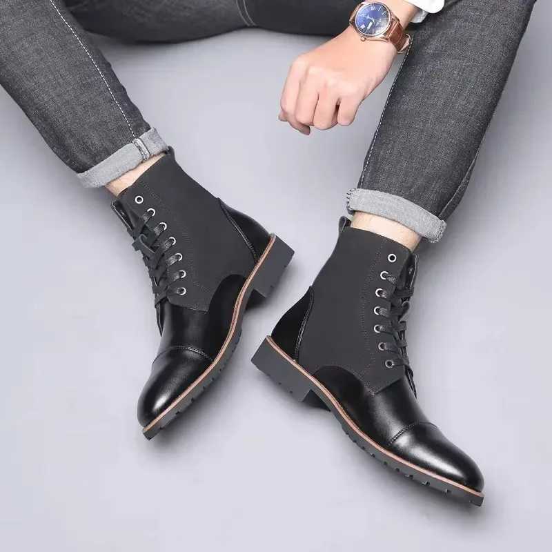 New Designer Fashion Casual Boots for Men Big Size Solid Color Lace Autumn Winter Ankle Boots Male Designer Leather Shoes Male Z250303