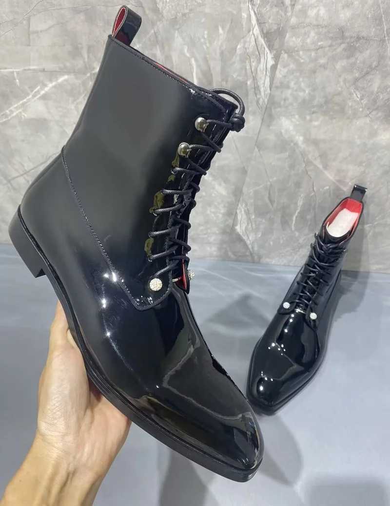 British Style Black Patent Leather Boots Mens shoes Luxury Fashion Lace-up Ankle Boots Men Dress Shoes Autumn Winter Mens Boots Z250303
