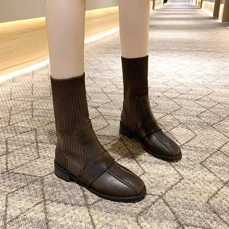 2025 Women Sexy Sock Boots Spring Shoes Korean Weave Middle Boots Knitted Boots High Quality Leather 4CM Heels Shoes Z250303