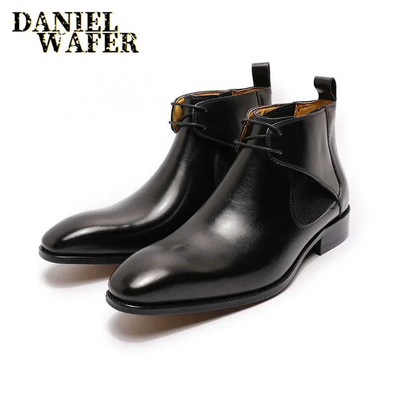 Luxury brand mens Chelsea boots black and brown angular toes handmade genuine leather lace wedding office mens business boots Z250303