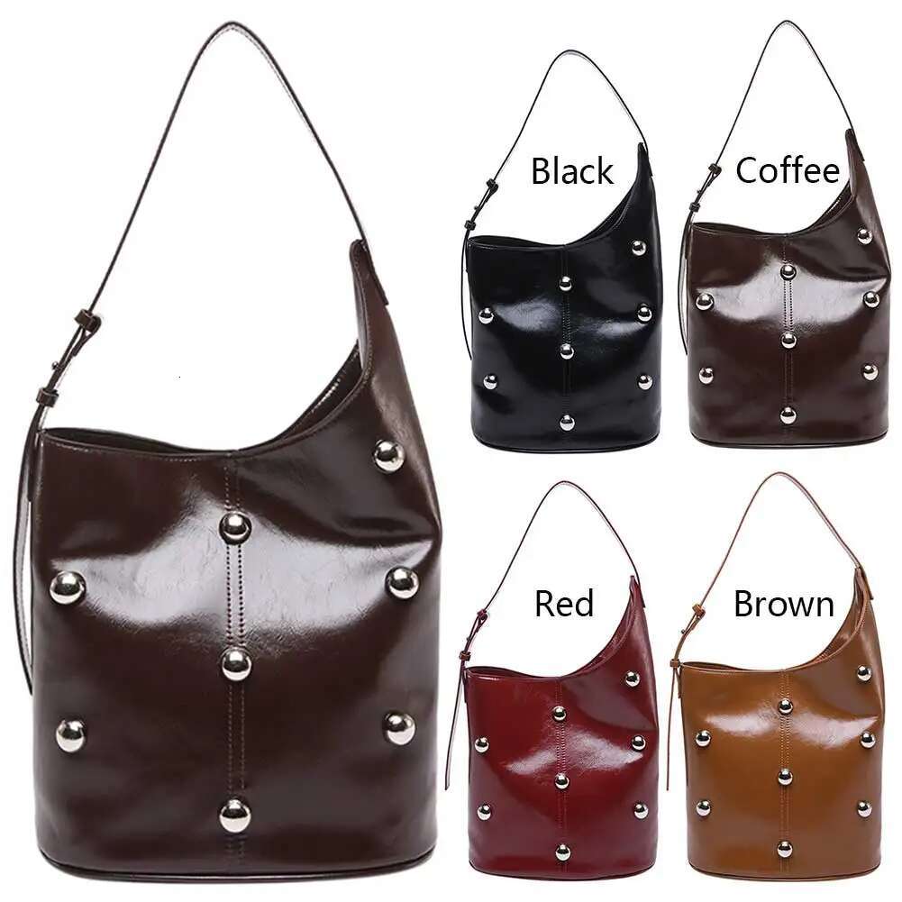 Bucket Women Rivet Studded Underarm PU Leather Inner Pocket Handbag Magnetic Closure Hobo Bag For Work Travel