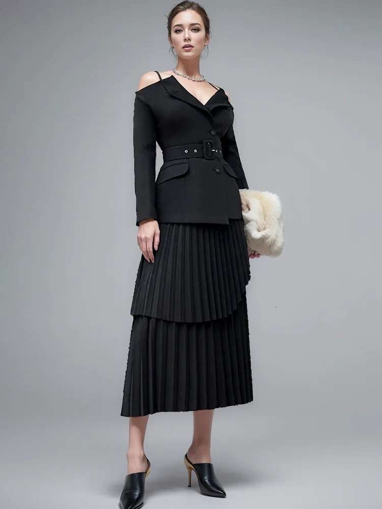 DEAT Fashion Women's 2 Pcs Set Shoulder Straps Sashes Blazer High Waist Pleated Irregular Skirt Suit Summer 2024 New 13Db3648