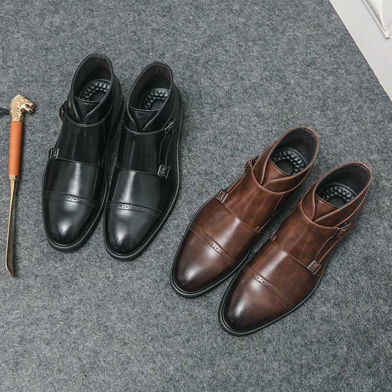 Luxury Leather Men Boots Double Buckle Slip on Pointed Toes Casual Leather Boots Men Comfortable High Top Boots Party Me Shoes Z250303