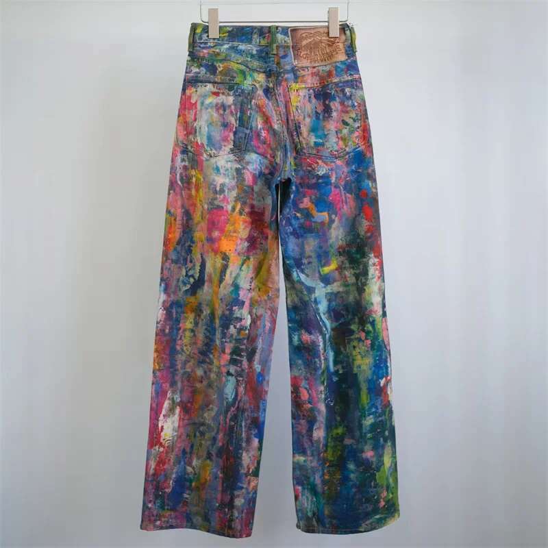 2025 Spring New In Painted Graffiti Women's Jeans Couple Style Loose Straight Y2k Cotton Wide Leg Pants