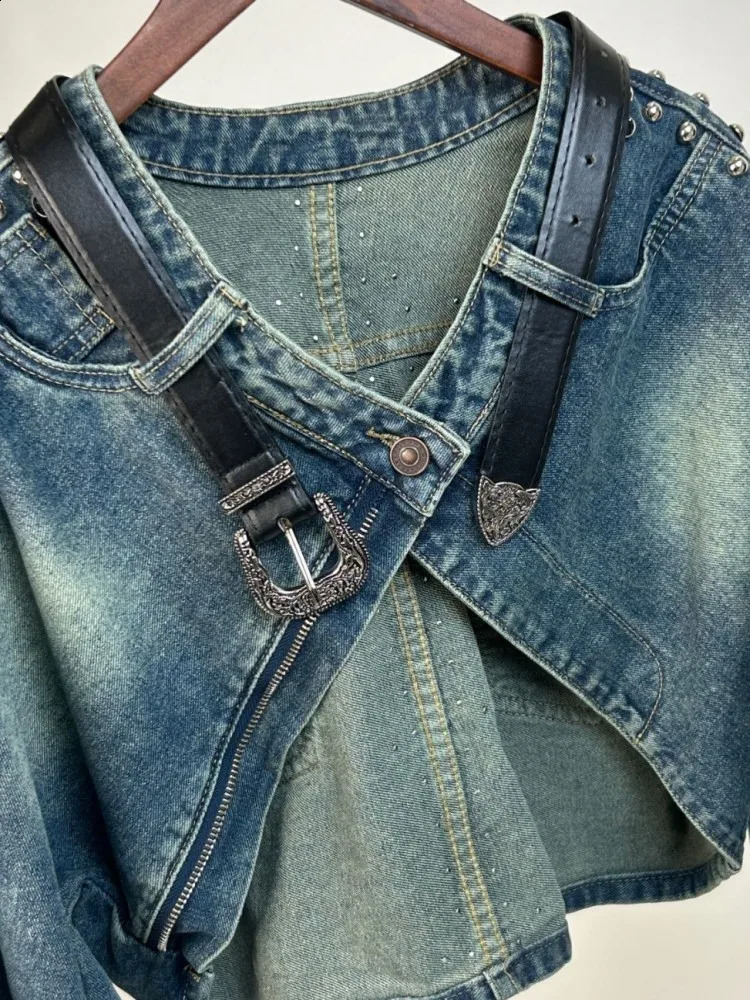 Rivet n womens denim jacket long sleeved single button Vneck high waisted short personalized street wear clothing 250228