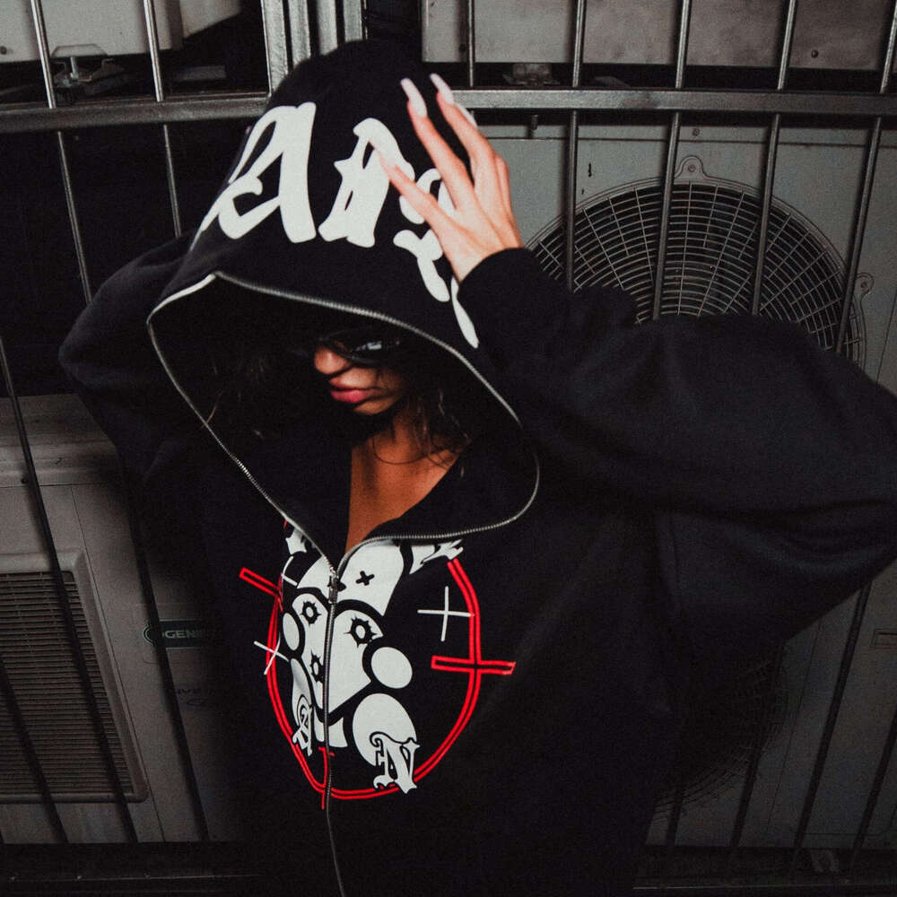 Autumn and Winter Harajuku Y2K Trendy Brand Letter Cartoon Printed Long Zipper Hoodie Coat Loose Gothic INS