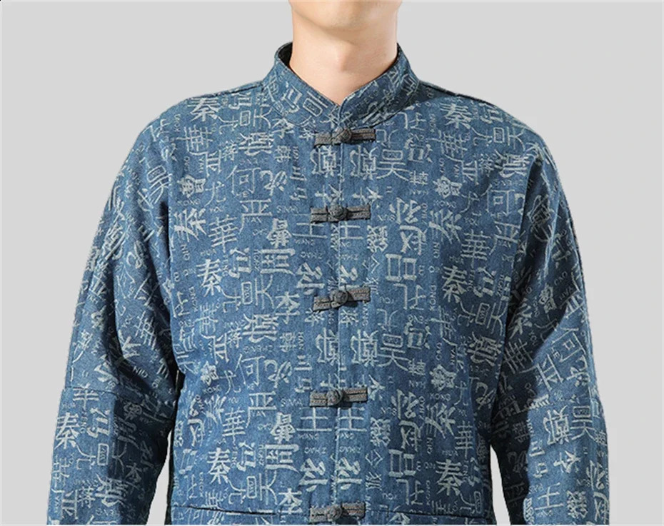 Print Denim Jackets Men Hundred Family Clan Disc Buckle Coat Hanfu Tang Suit Jacket Harajuku Retro Stand Jackets Male Autumn 5XL 250228