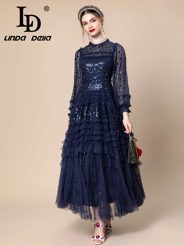 LD LINDA DELLA Style Fashion ner multicolor Dress Womens Extra large Sequins Cascading Ruffle Lace Splice Long 250228