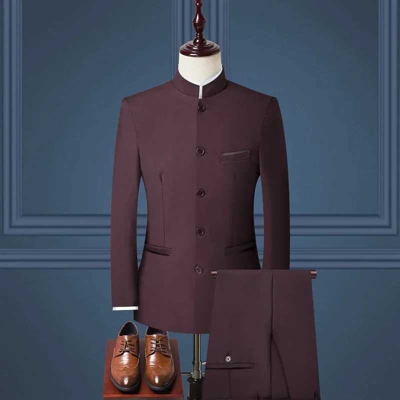 Mens Suits Set (Jacket+Pants) New Boutique Fashion Stand Collar Chinese Style Slim Fit Suits Two Piece Wedding Men Clothing M250303