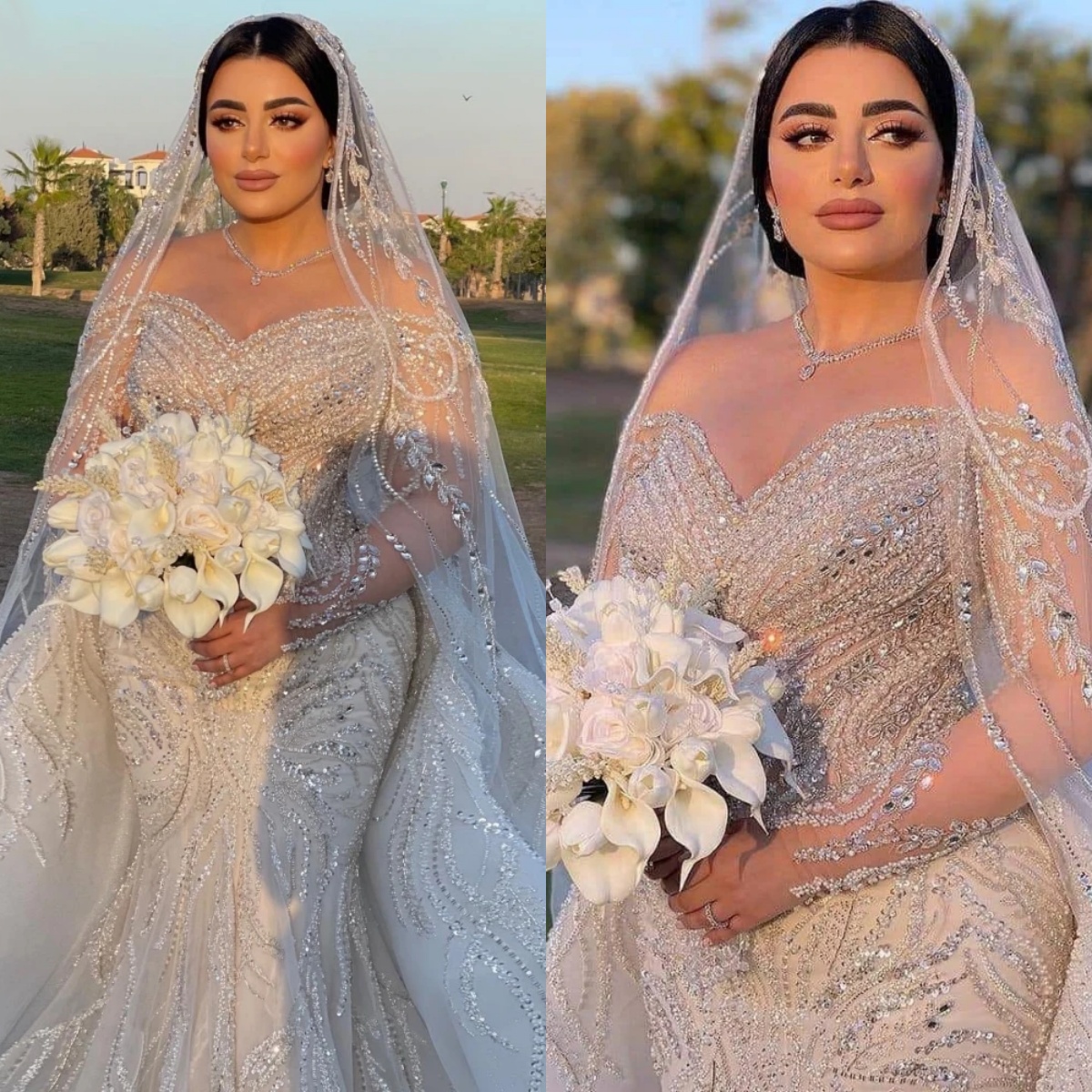 Mermaid Wedding Dress Sweetheart Neck Long Sleeves Bridal Gowns Sequins Lace Detachable Train Dresses Custom Made vestidos de novia