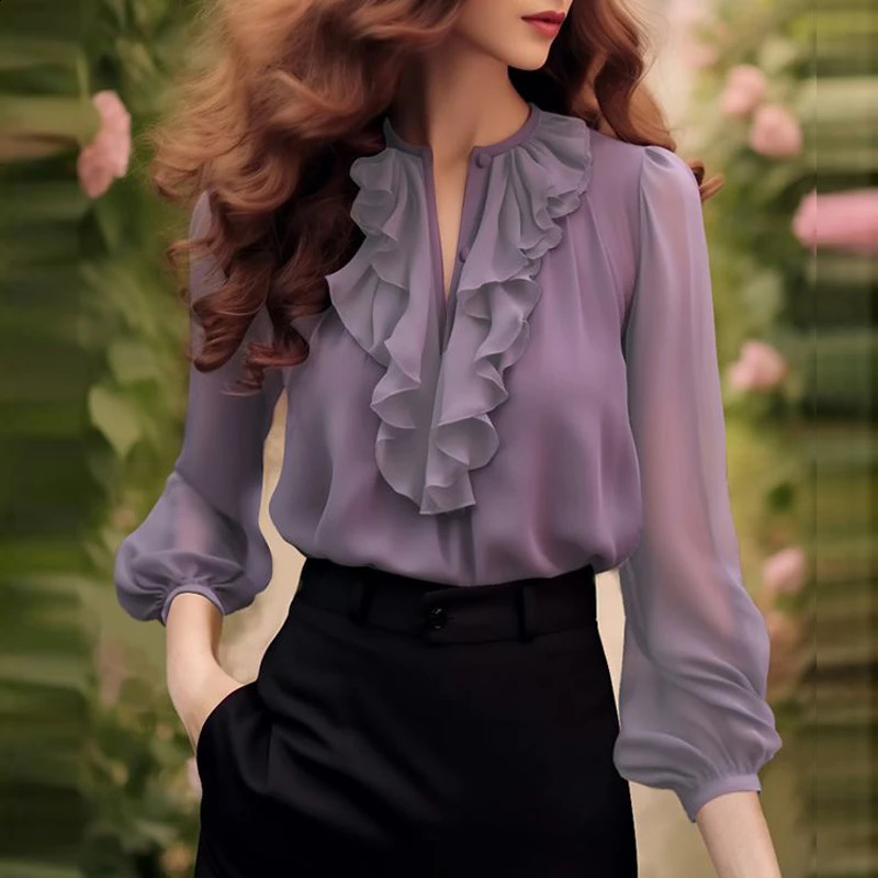 Womens Korean Fashion Ruffles Sweet Fairy Blouses Office Lady Business Casual Purple Shirts Casual V Neck 3/4 Sleeve Loose Tops 250228