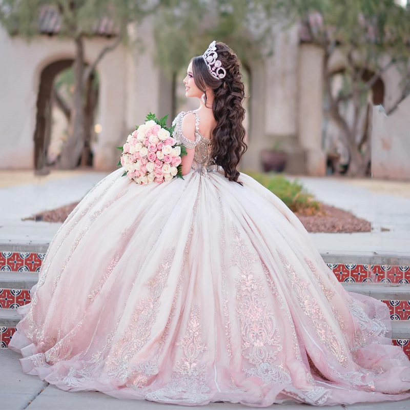 Pink Shiny Quinceanera Dresses Ball Gown Off Shoulder Applique Lace Beads Tull Sweet 16 Dress Vestidos 15 De Anos