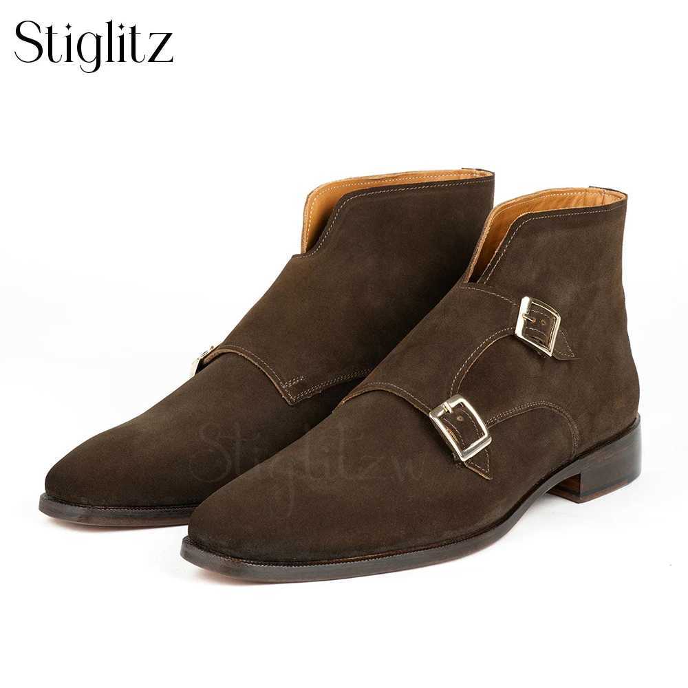 Double Monk Strap Ankle Boots Brown Suede British Style Booties Handmade Ankle Boots Customized Luxury High Quality Mens Shoes Z250303