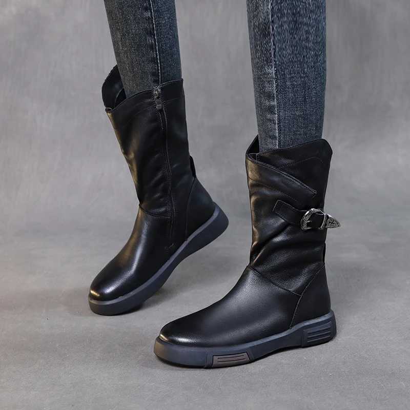 DRKANOL 2024 Luxury Design Genuine Cowboy Leather Mid calf Boots Womens Flat Side Zipper Round Toes Autumn Warm Knight Boots Z250303