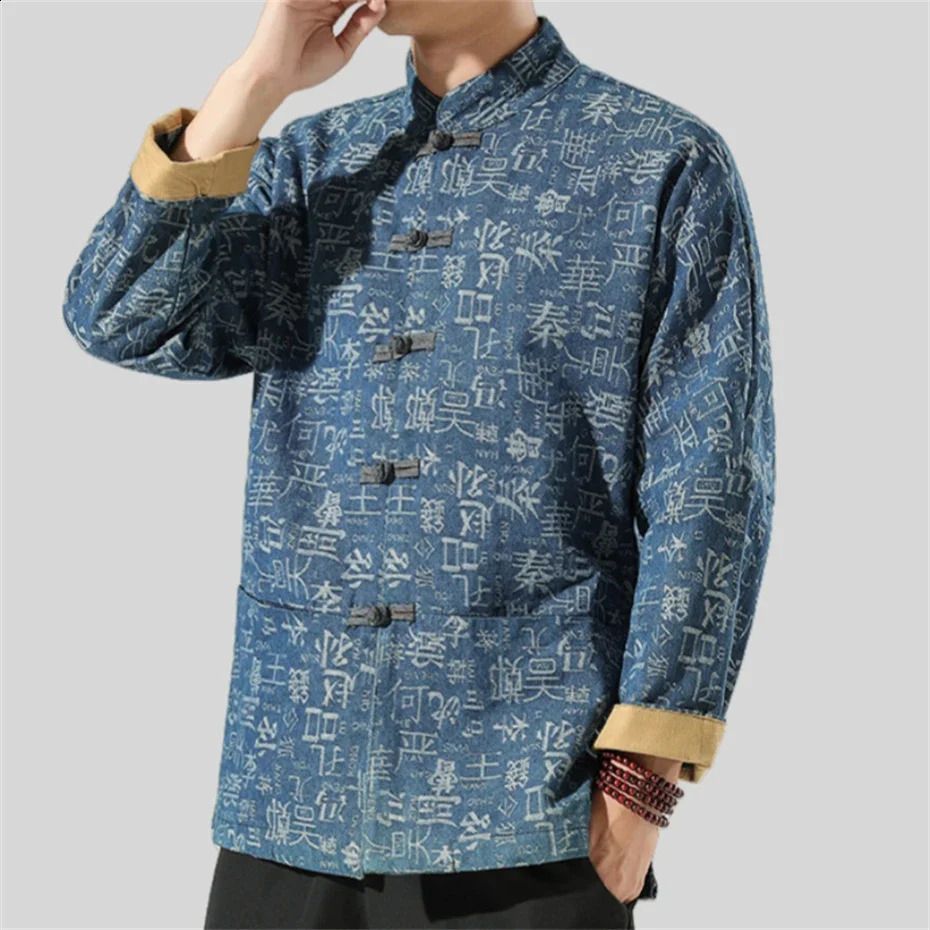 Print Denim Jackets Men Hundred Family Clan Disc Buckle Coat Hanfu Tang Suit Jacket Harajuku Retro Stand Jackets Male Autumn 5XL 250228