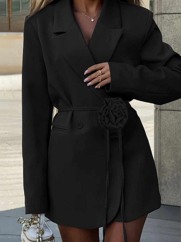 Wer Belts Blazer Coat Women Autumn Winter Notched Collar Double Breasted Fashion Long Sleeve Suit Jackets Office Wear