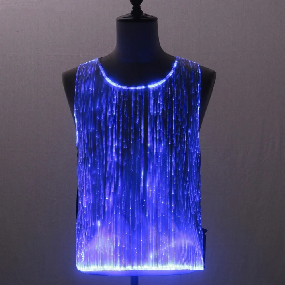 Summer Men Colorful LED Luminous Night Club T Shirts Y2K High Street Sleeveless Vest Optical Fiber Fabric Patchwork Tops 250226