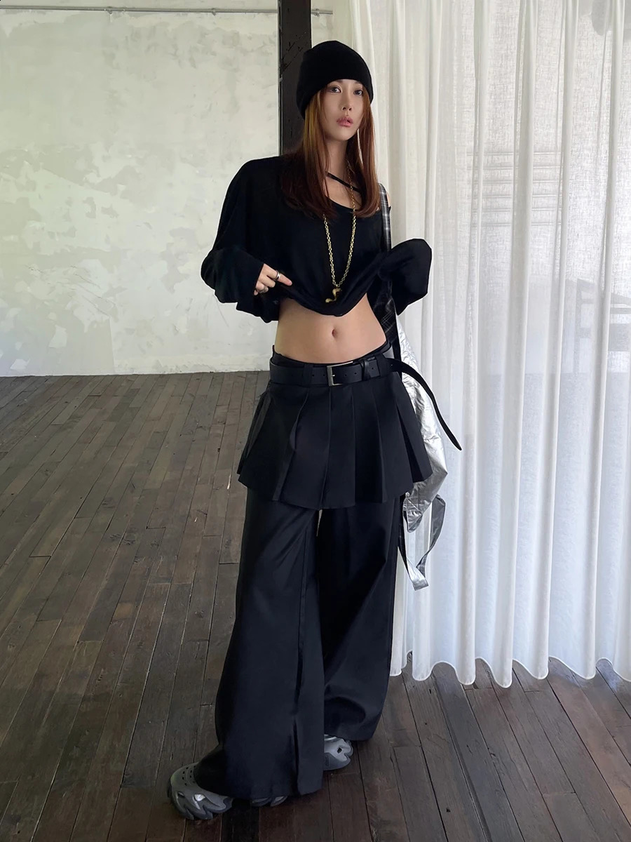 REDDACHiC Womens Pleated Skirt Overlay Suit Pants Work Casual Loose Cleanfit Black Plain Wide Leg Long Trousers Formal Clothes 250225