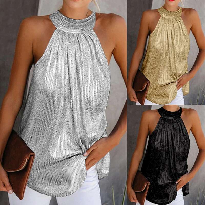 Shiny Womens Fashion Halter Neck Tank Tops Vest Ladies Summer Casual Solid Color Sleeveless T shirt Blouse Black Gold Sier