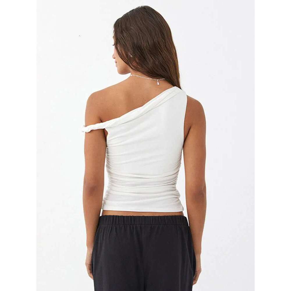 Basic Women's Simple Casual Summer Sleeveless Tank Top Solid Color Off-Shoulder Side Ruched Crop Vest Spring Fashion T-Shirt