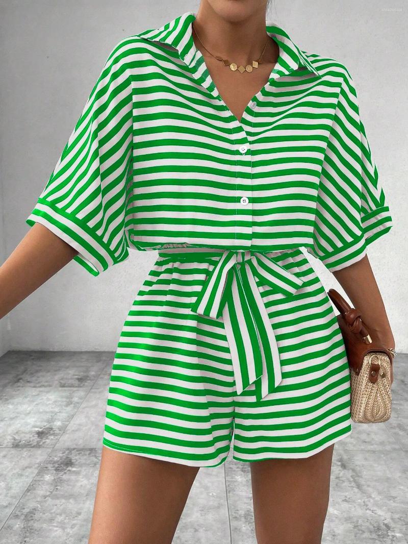 Women's Tracksuits Summer Set For Casual Loose Comfortable Outfit Fashion Striped Batwing Sleeve Shirt Top Shorts 2-piece Sets Woman