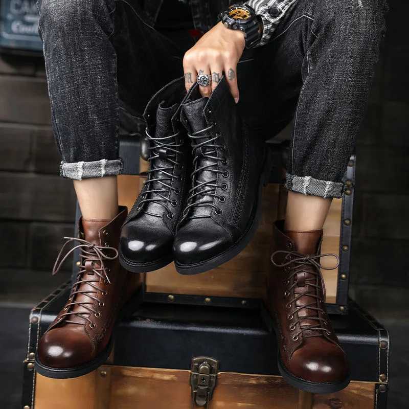 YWEEN 2023 New Mens Boots British Style High-top Leather Shoes Men All-match Boots Outdoor Black Leather Boots For Men Z250303