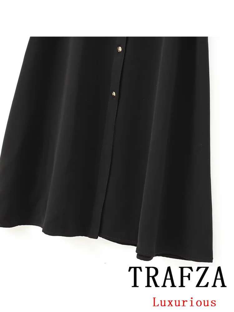 TRAFZA Vintage Women Black Solid Turn-Down Collar Single Breasted Belt Vestidos New Fashion 2024 Autumn Chic Dress
